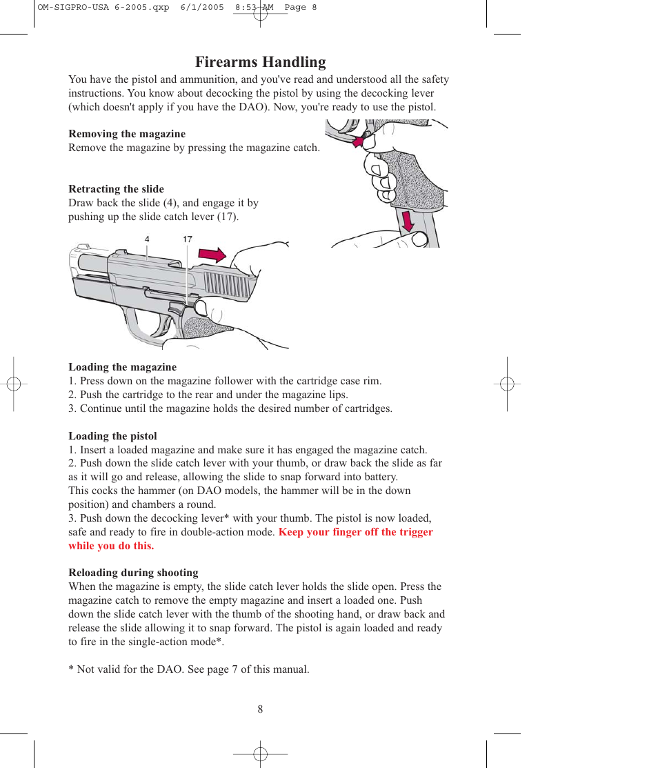 Firearms handling | SIG SAUER SP2009 User Manual | Page 8 / 24