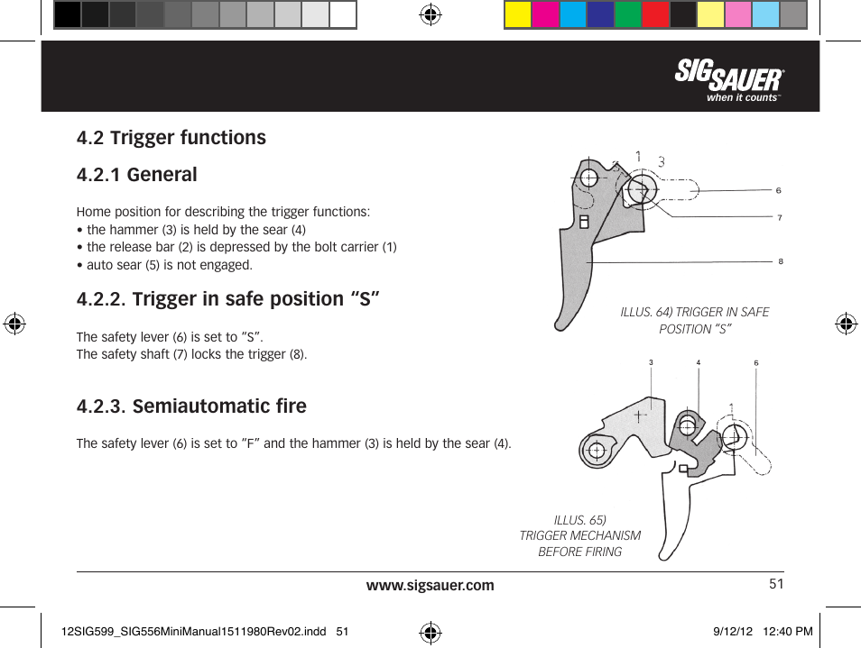 2 trigger functions 4.2.1 general, Trigger in safe position “s, Semiautomatic fire | SIG SAUER SIG556 User Manual | Page 51 / 104