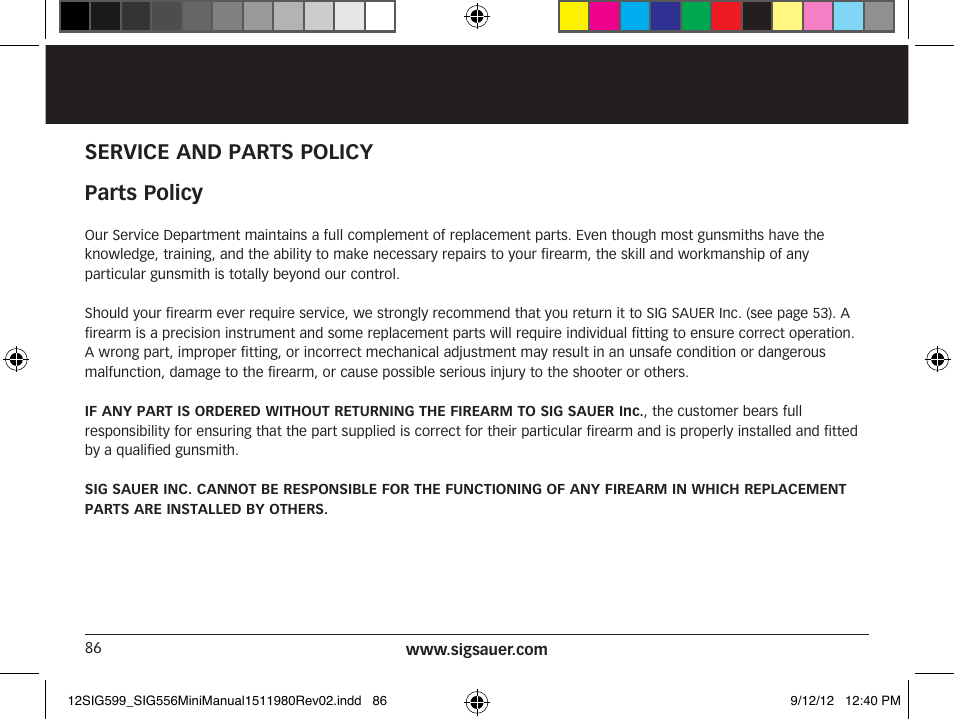 Service and parts policy parts policy | SIG SAUER SIG556 User Manual | Page 86 / 104