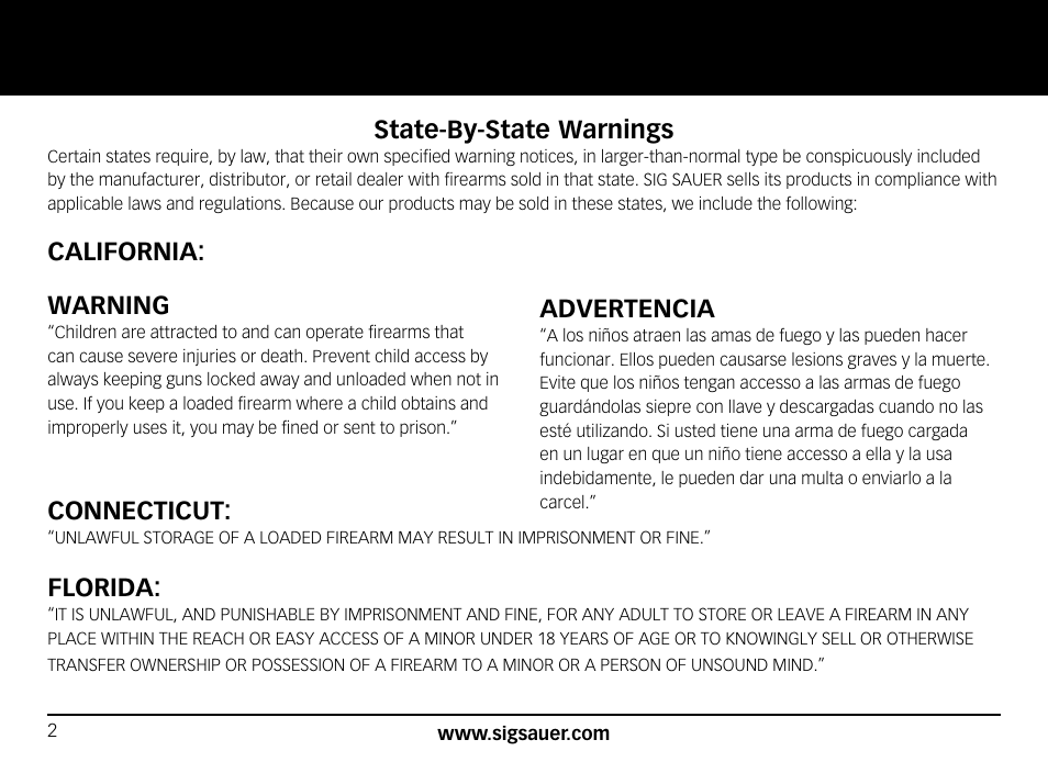 State-by-state warnings, California: warning, Advertencia | Connecticut, Florida | SIG SAUER SIG556xi User Manual | Page 2 / 84