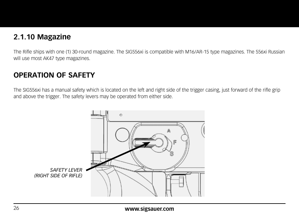 10 magazine, Operation of safety | SIG SAUER SIG556xi User Manual | Page 26 / 84