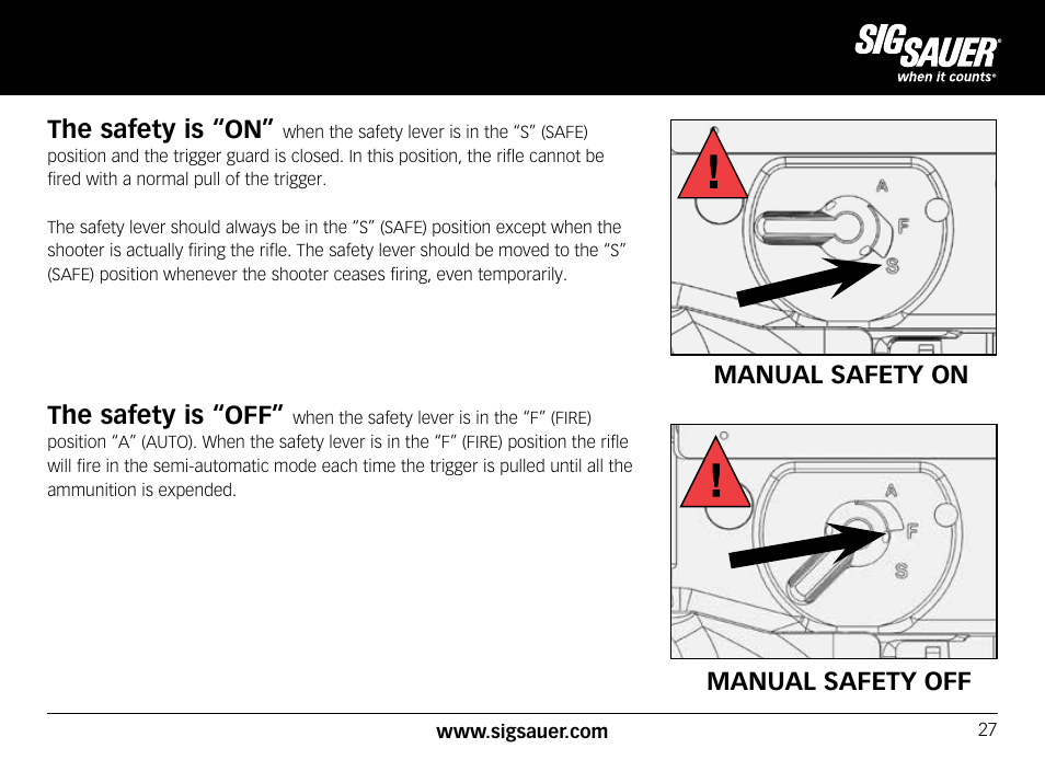 The safety is “on, The safety is “off, Manual safety off manual safety on | SIG SAUER SIG556xi User Manual | Page 27 / 84