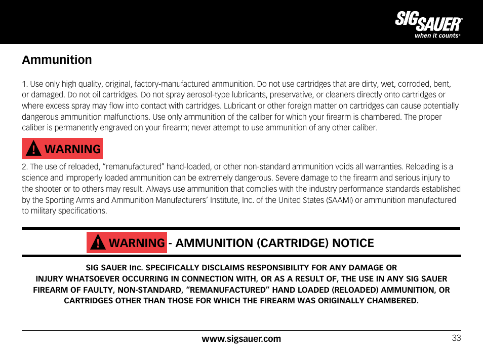 Ammunition, Warning, Warning - ammunition (cartridge) notice | SIG SAUER SIG556xi User Manual | Page 33 / 84