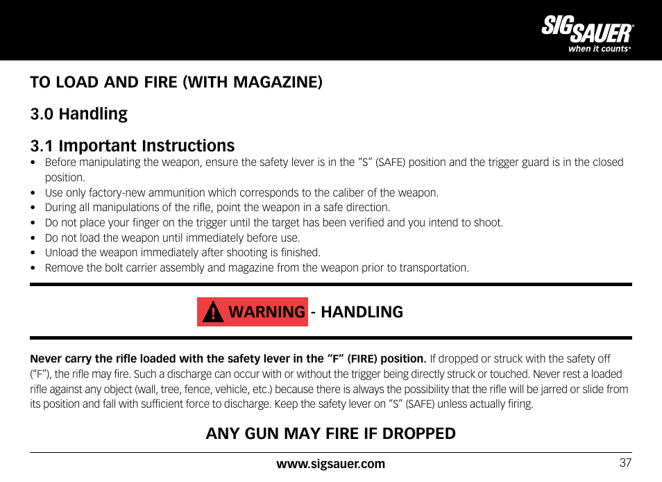 Warning - handling, Any gun may fire if dropped | SIG SAUER SIG556xi User Manual | Page 37 / 84