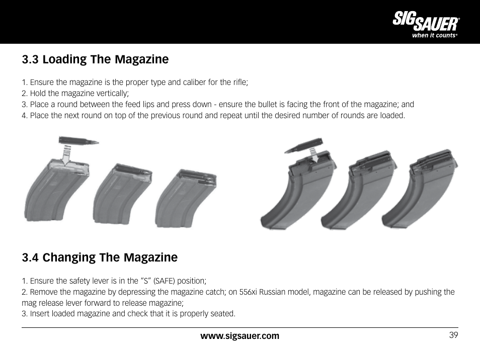 3 loading the magazine, 4 changing the magazine | SIG SAUER SIG556xi User Manual | Page 39 / 84