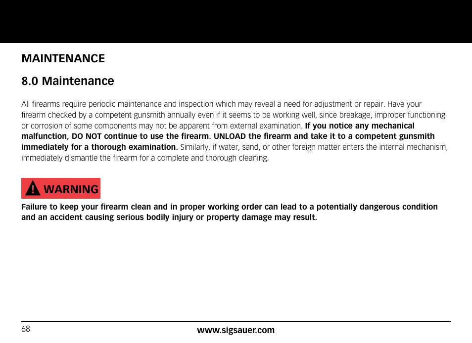 Maintenance 8.0 maintenance, Warning | SIG SAUER SIG556xi User Manual | Page 68 / 84