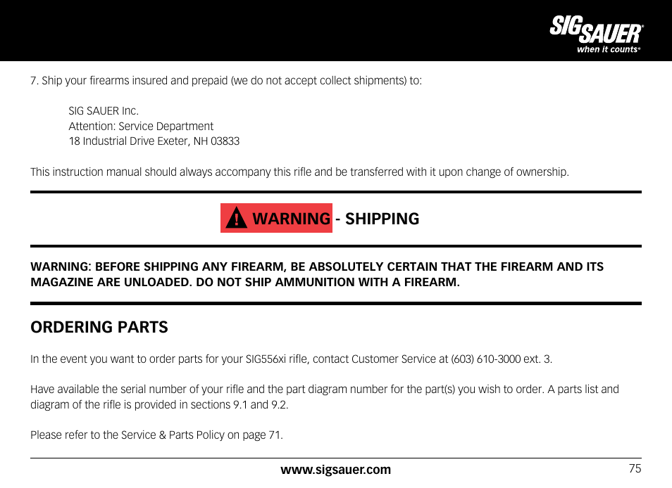 Warning - shipping, Ordering parts | SIG SAUER SIG556xi User Manual | Page 75 / 84