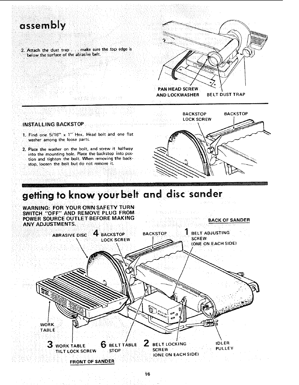 9eft!ng to know yoiir bèlt and disc sander | Craftsman 113.225931 User Manual | Page 16 / 32