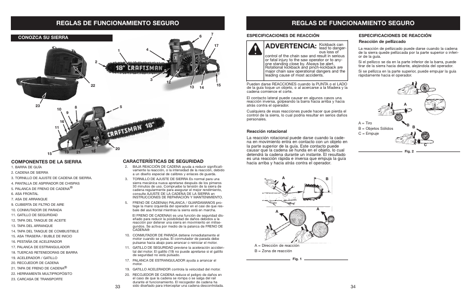 Advertencia, Reglas de funcionamiento seguro | Craftsman 316.350850 User Manual | Page 34 / 54