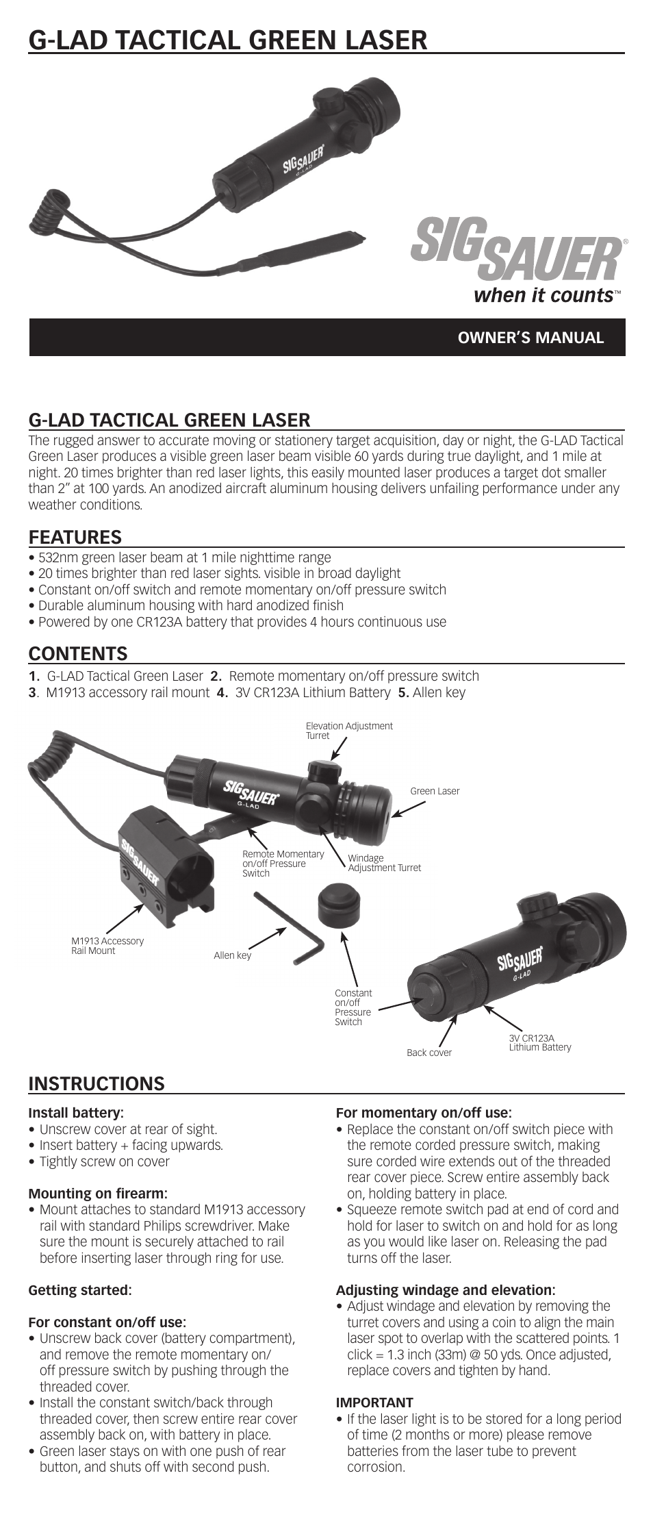 SIG SAUER G-LAD Green Laser User Manual | 2 pages