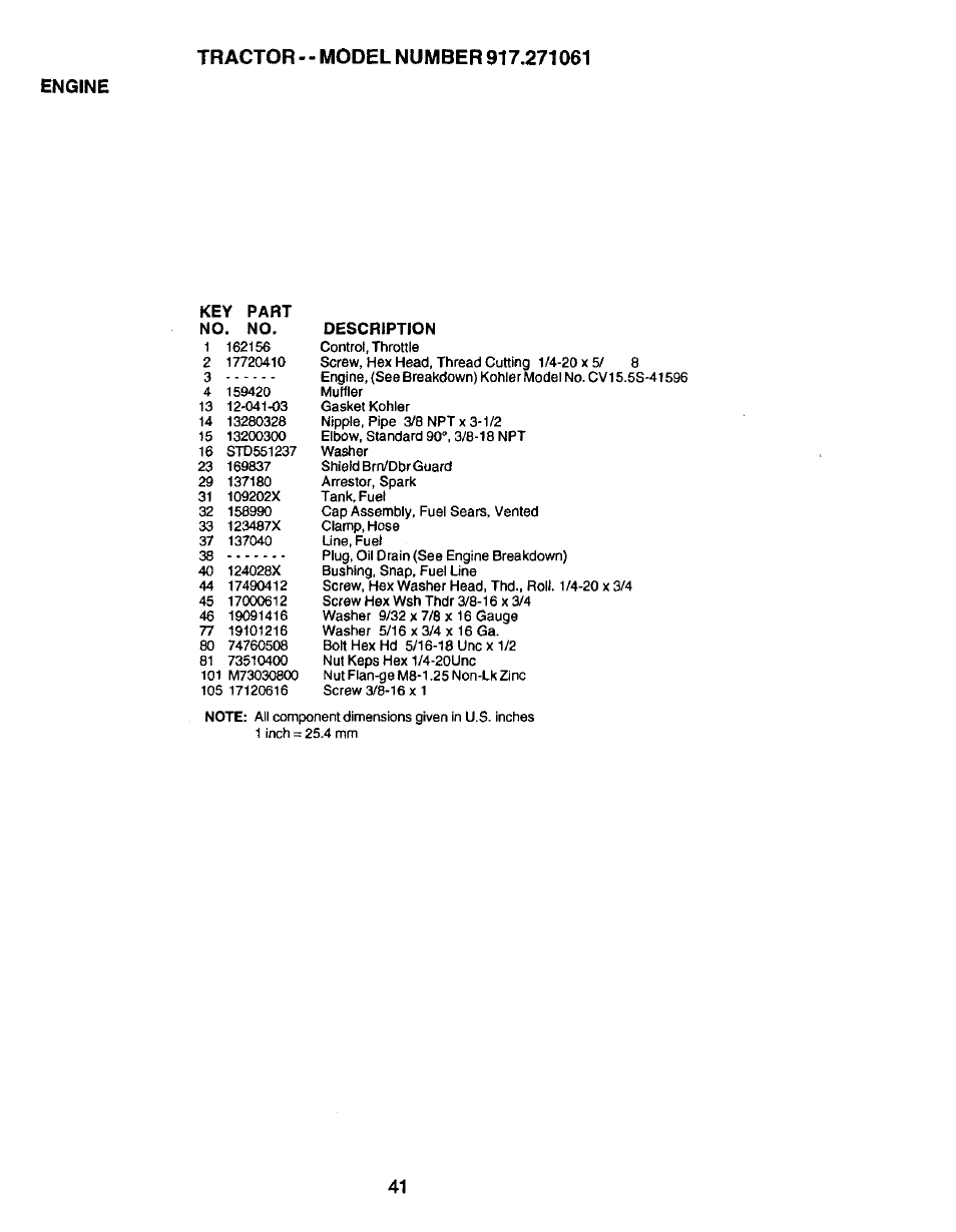 Engine, Key part no. no, Description | Craftsman 917.271061 User Manual | Page 41 / 60