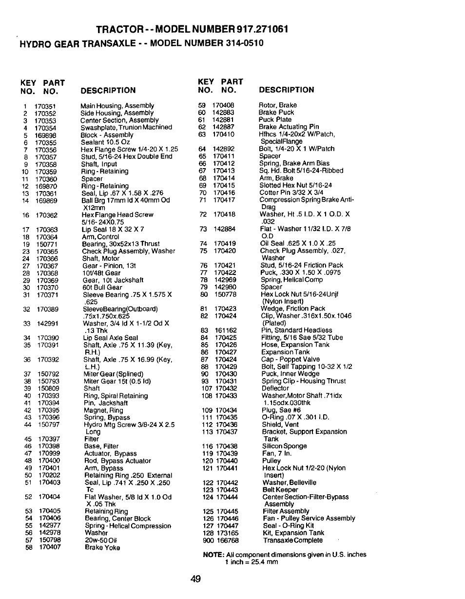 Key part, Key part no. no. description no. no. description | Craftsman 917.271061 User Manual | Page 49 / 60