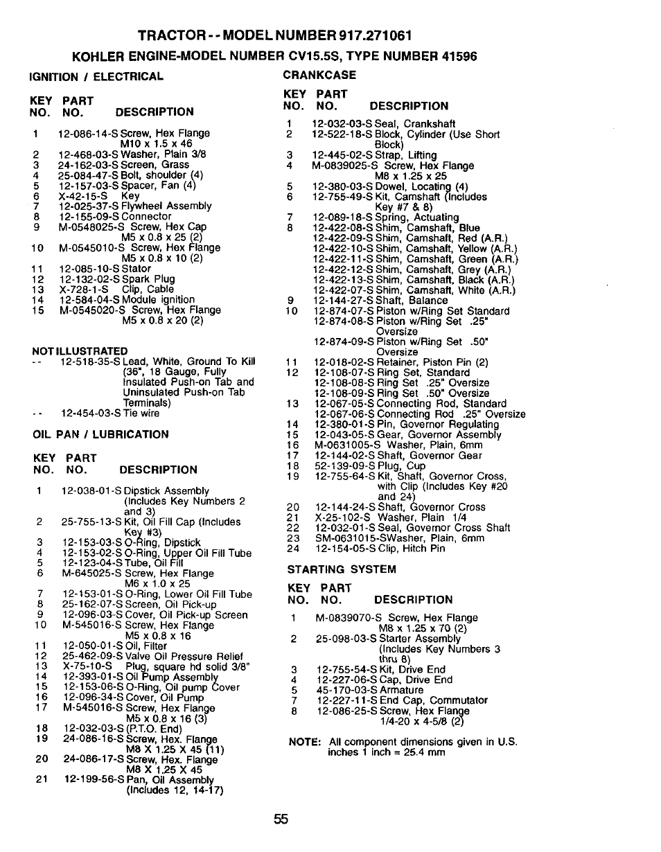 Key part no. no, Not illustrated, Oil pan / lubrication | Starting system, Ignition / electrical crankcase | Craftsman 917.271061 User Manual | Page 55 / 60