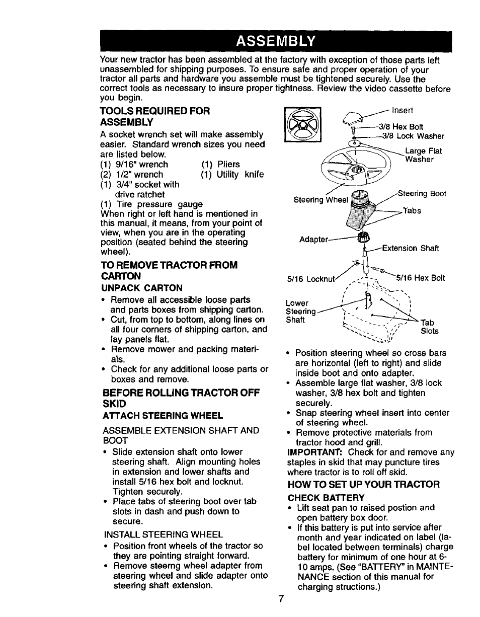 Assembly, Unpack carton, Attach steering wheel | Check battery | Craftsman 917.271061 User Manual | Page 7 / 60