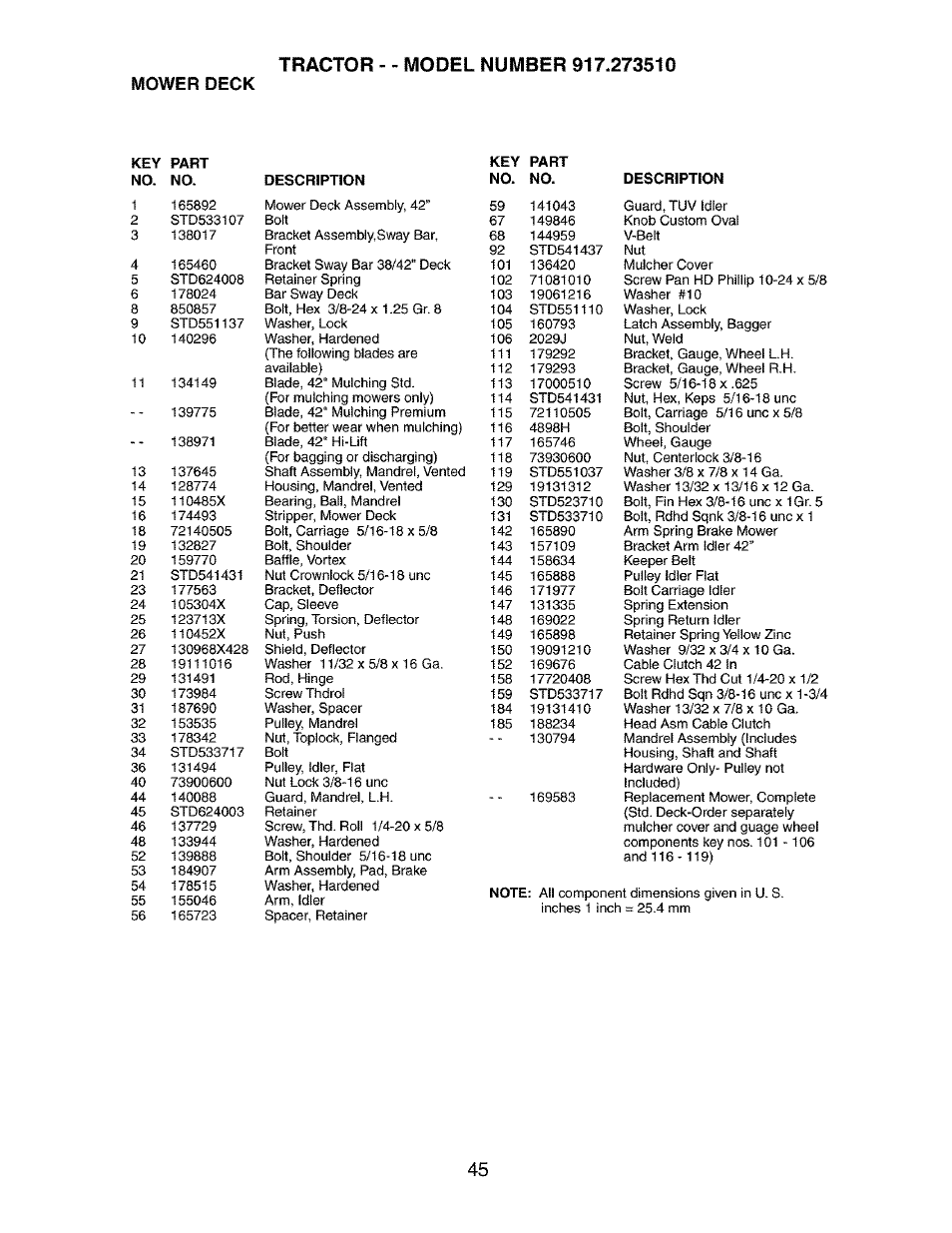 Mower deck | Craftsman 917.273510 User Manual | Page 45 / 56