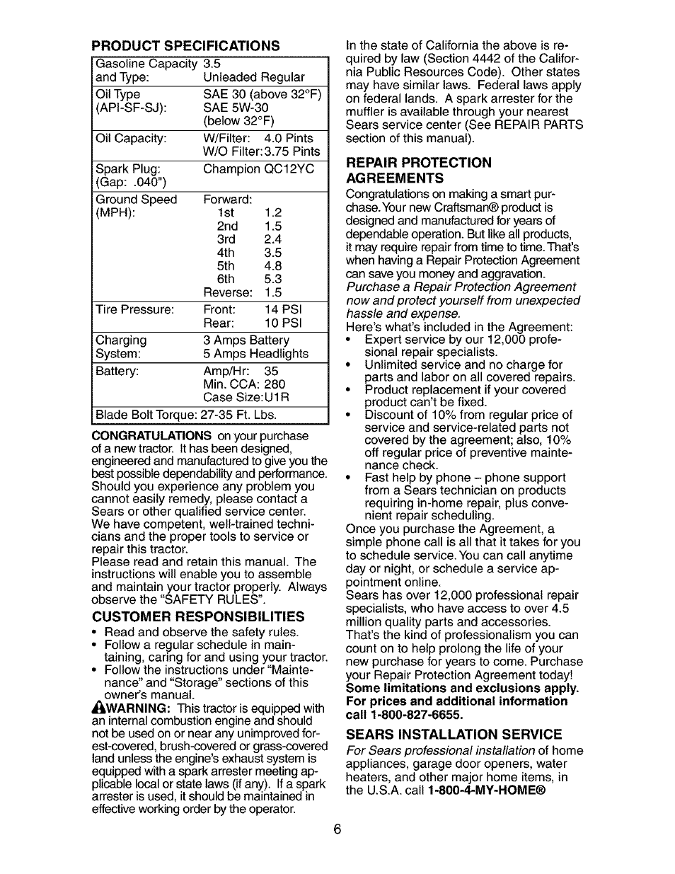 Product specifications, Customer responsibilities, Repair protection agreements | Sears installation service | Craftsman 917.273510 User Manual | Page 6 / 56