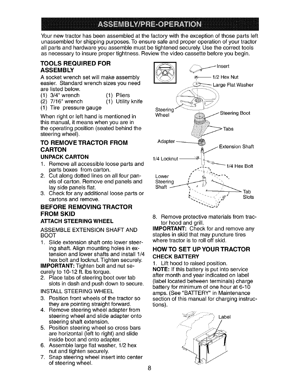 Tools required for assembly, To remove tractor from, Carton | Before removing tractor from skid | Craftsman 917.273510 User Manual | Page 8 / 56