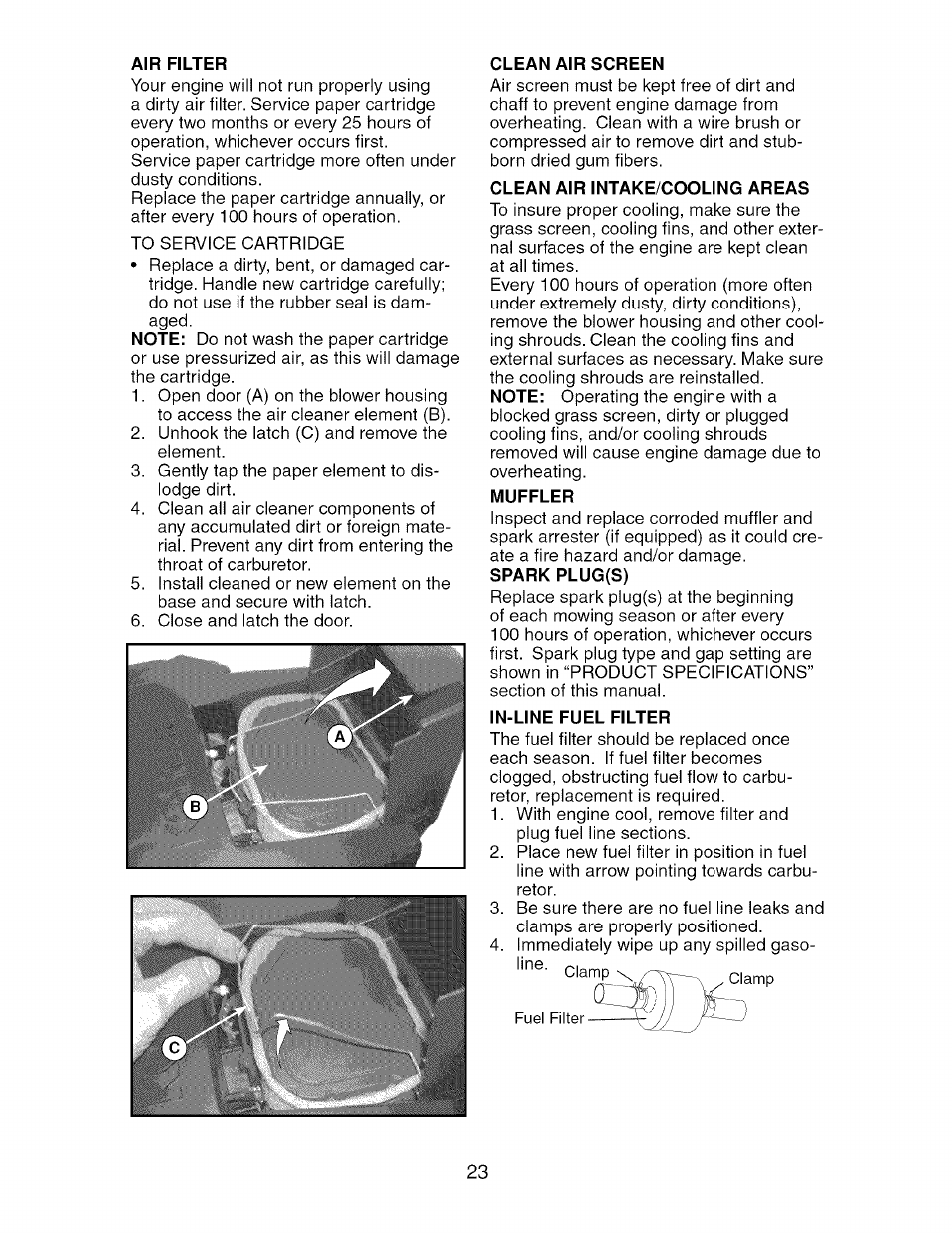 Air filter, Clean air screen, Clean air intake/cooling areas | Muffler, Spark plug(s), In-line fuel filter | Craftsman 917.276920 User Manual | Page 23 / 68