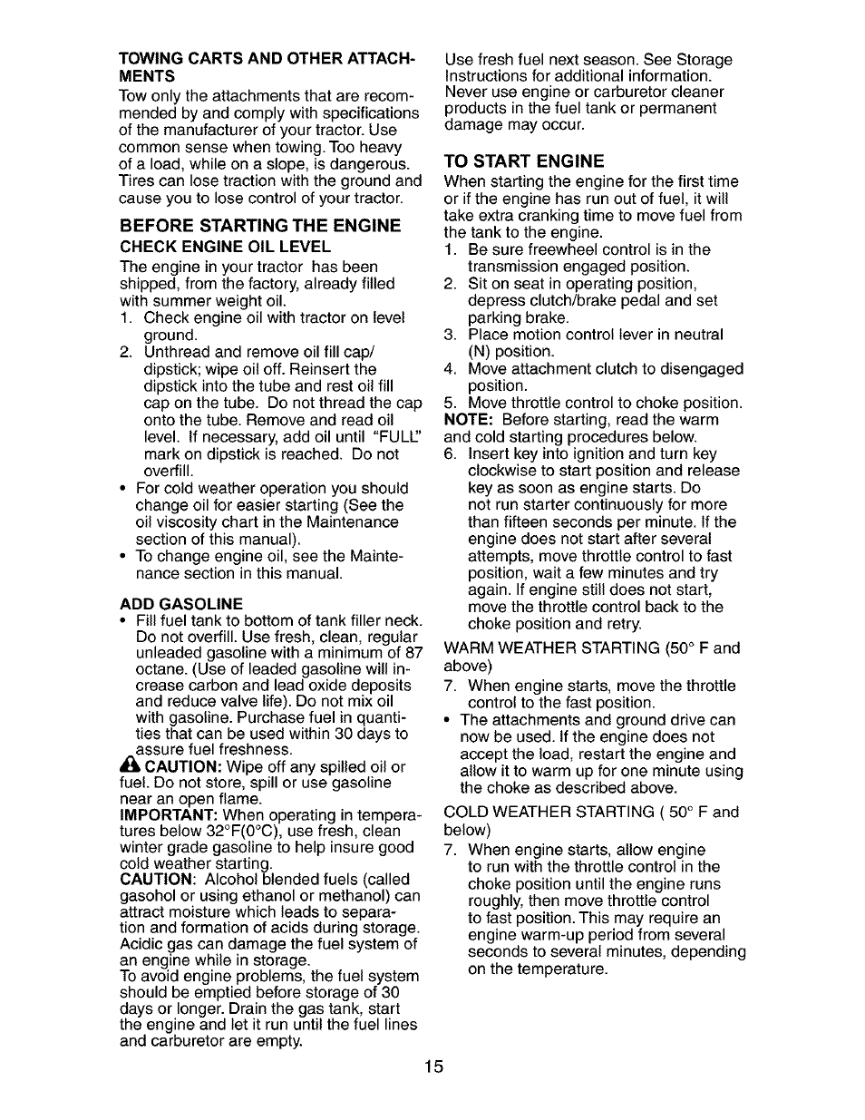 Towing carts and other attachments, Add gasoline | Craftsman 917.27316 User Manual | Page 15 / 60