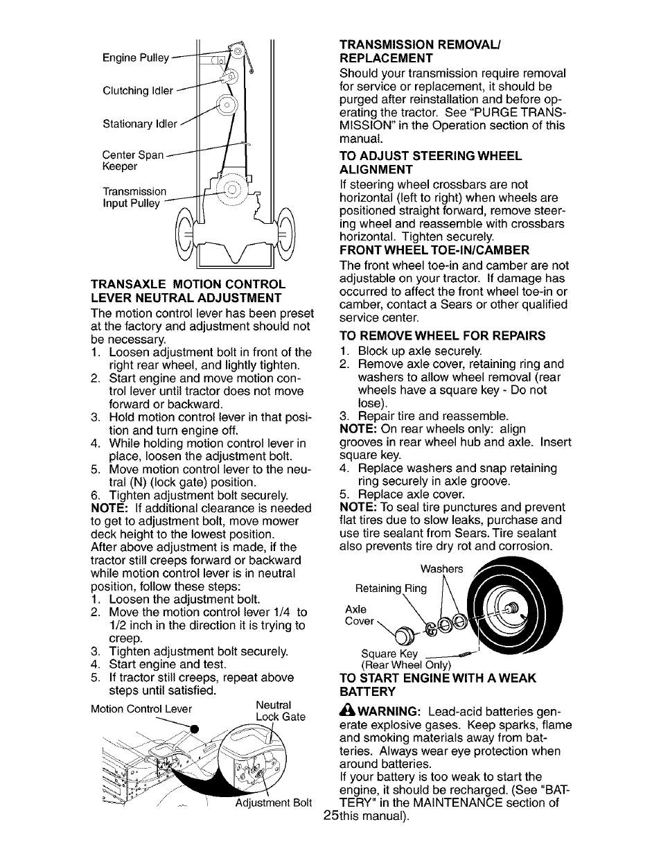 Transaxle motion control lever neutral adjustment, Transmission removal/ replacement, To adjust steering wheel alignment | To remove wheel for repairs, To start engine with a weak battery | Craftsman 917.27316 User Manual | Page 25 / 60