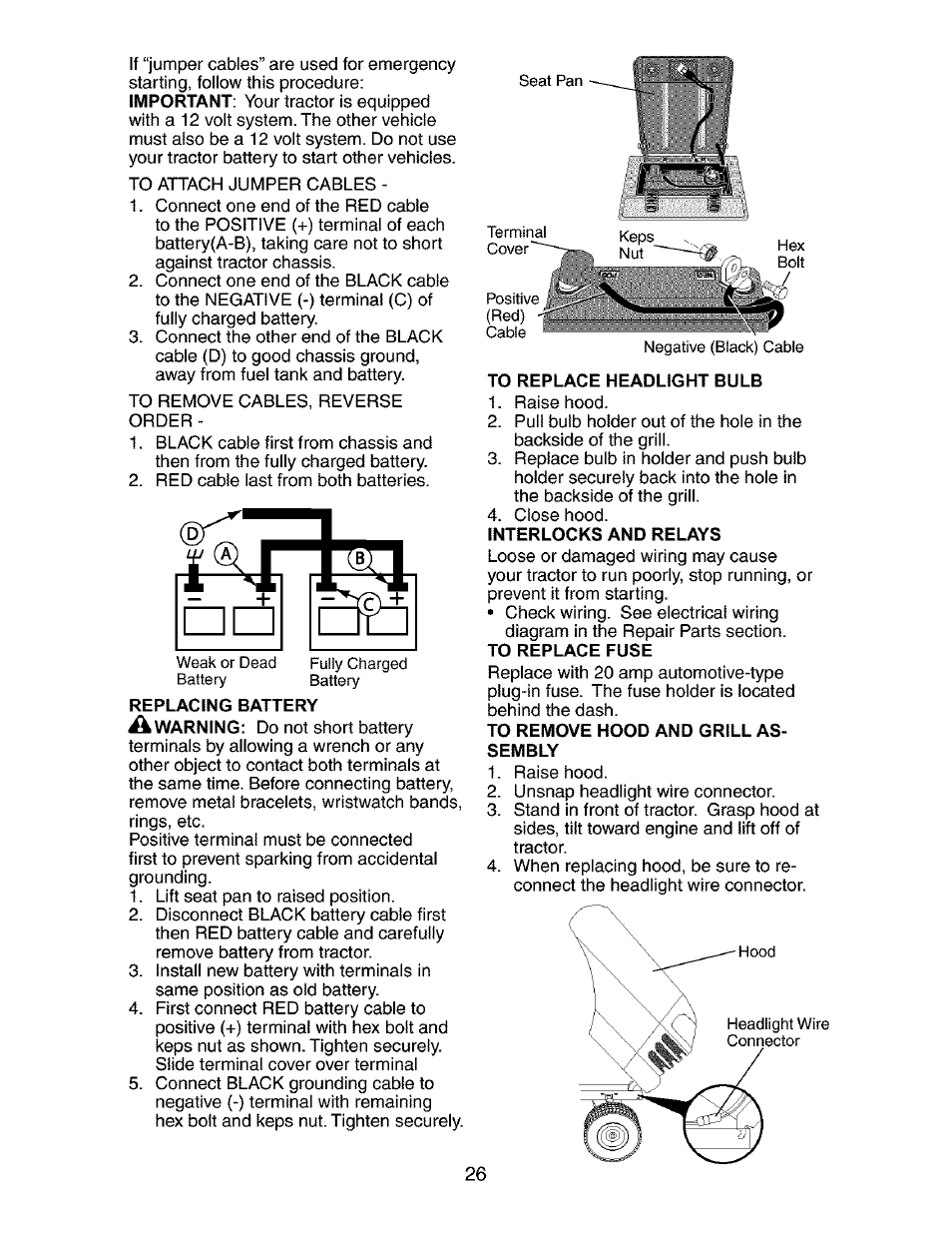 To replace headlight bulb, To remove hood and grill assembly | Craftsman 917.27316 User Manual | Page 26 / 60