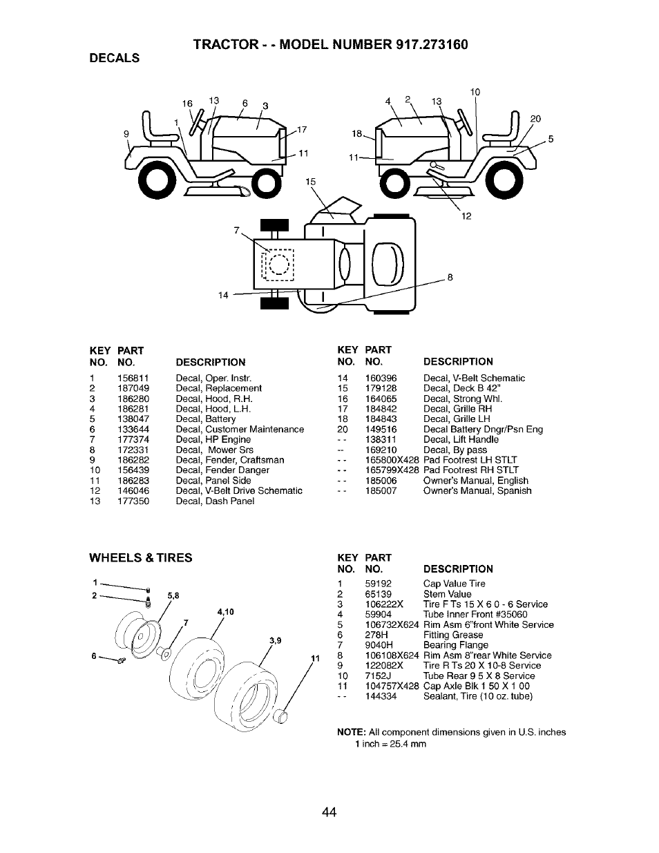 Decals, Wheels & tires | Craftsman 917.27316 User Manual | Page 44 / 60