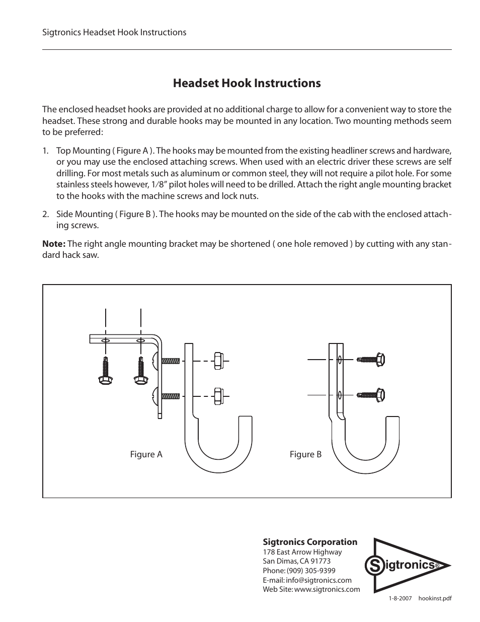 Sigtronics Headset Hook User Manual | 1 page