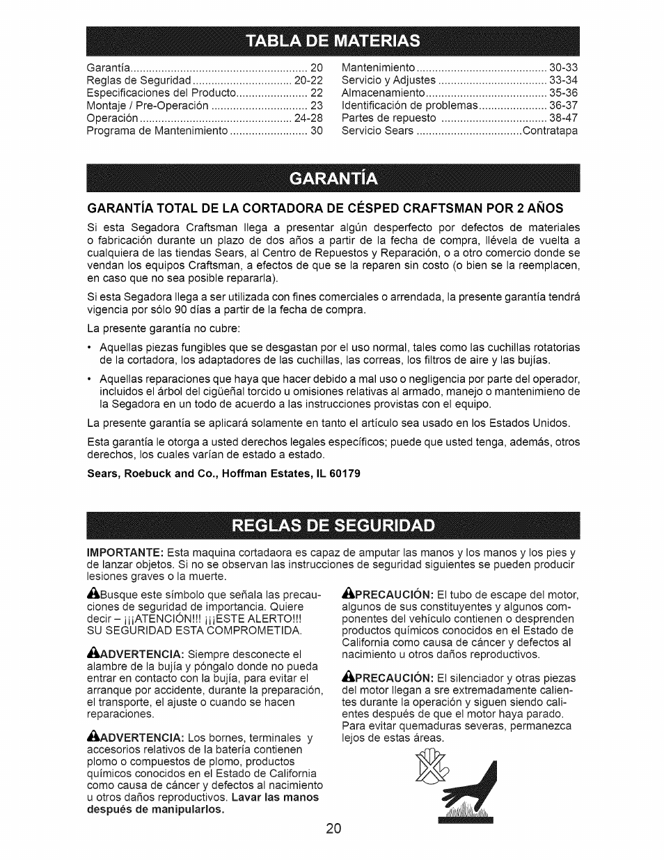 Tabla de materias, Garantia, Reglas de seguridad | Craftsman 917.374160 User Manual | Page 20 / 48