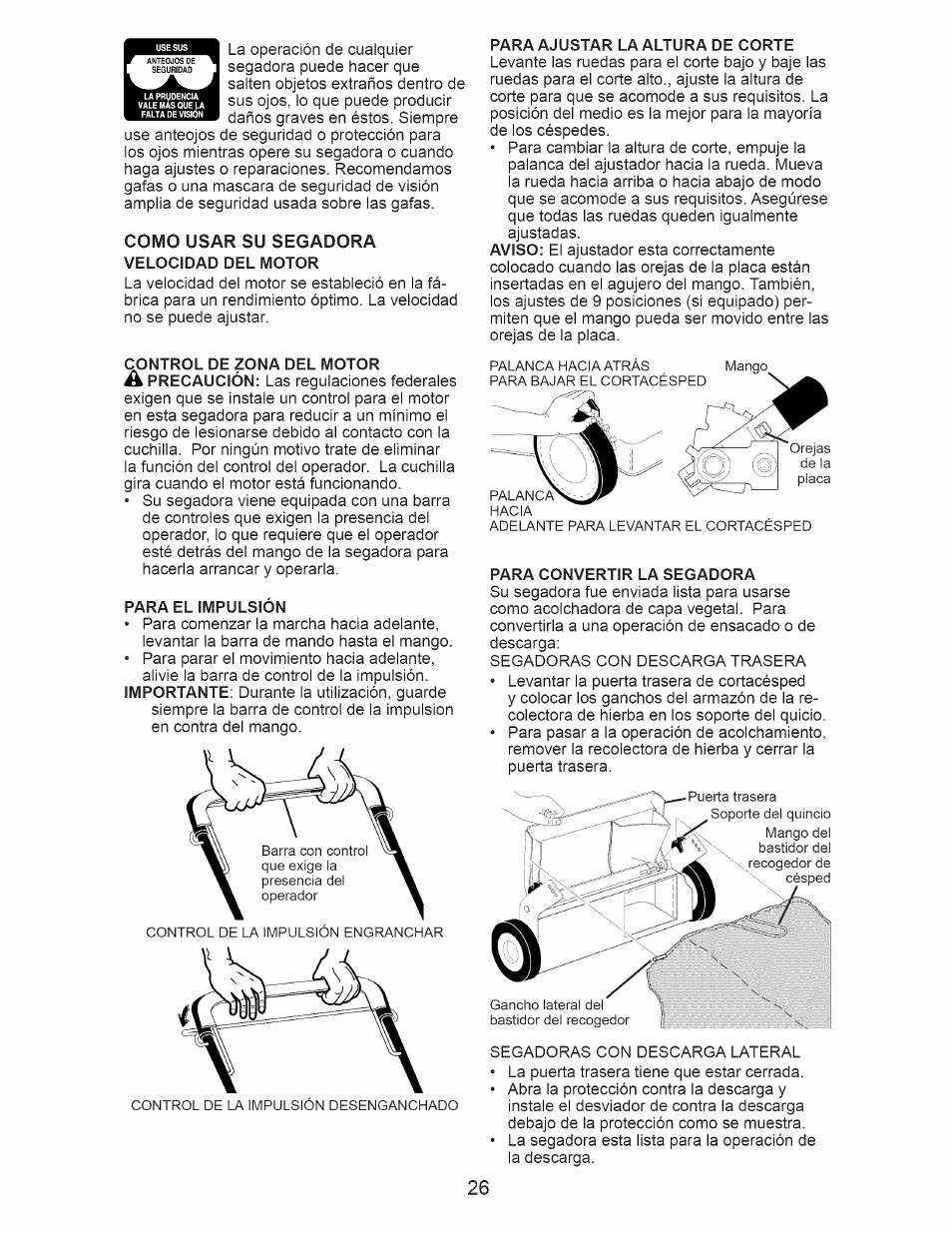 Para el impulsión, Para ajustar la altura de corte, Para convertir la segadora | Craftsman 917.374160 User Manual | Page 26 / 48