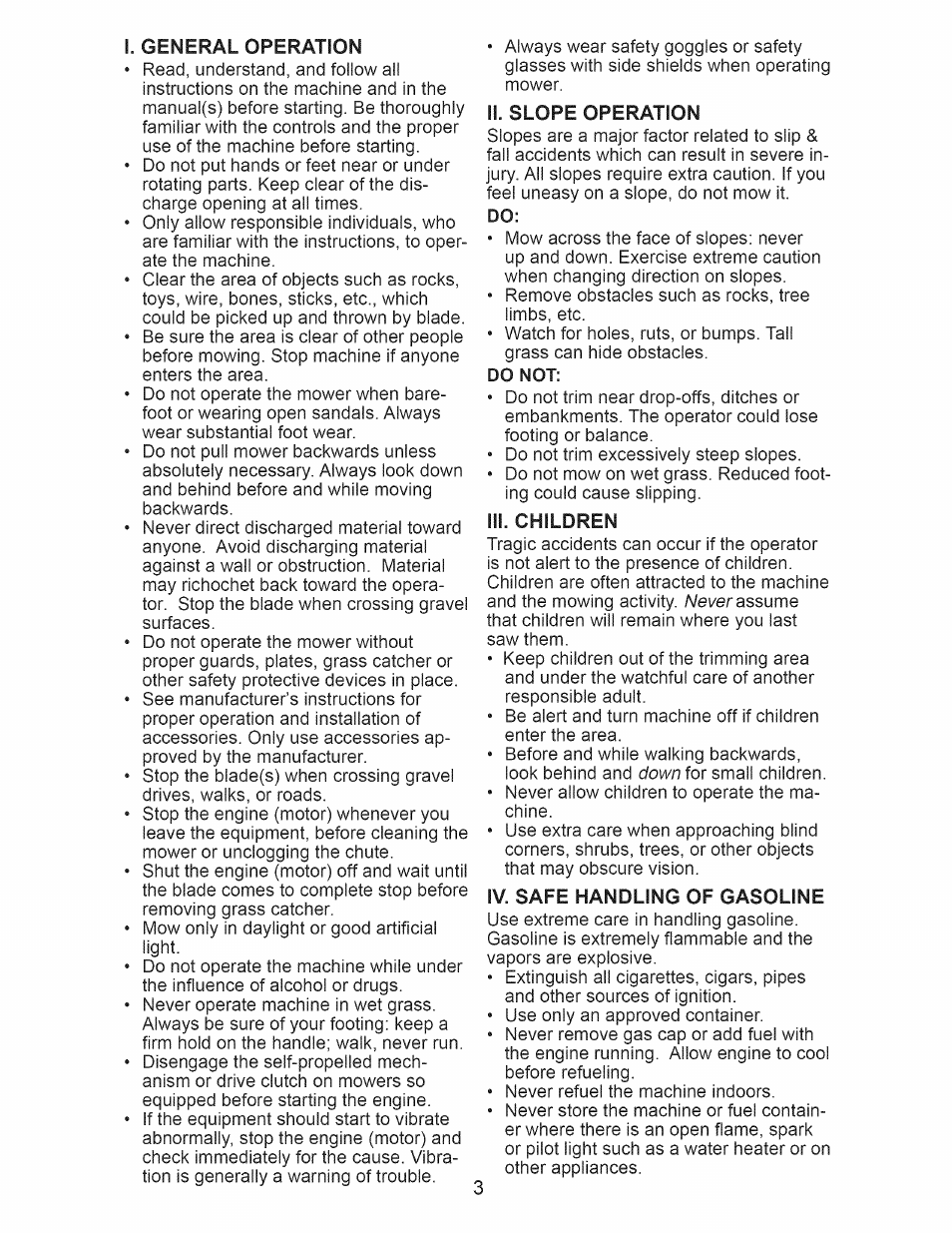 Ii. slope operation, Iii. children, Iv. safe handling of gasoline | Craftsman 917.374160 User Manual | Page 3 / 48