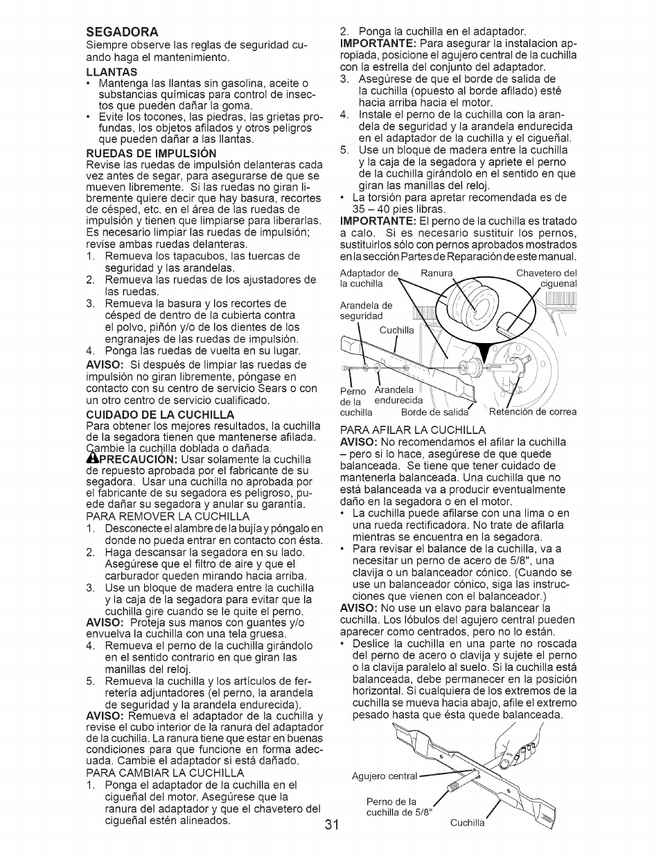 Ruedas de impulsión, Cuidado de la cuchilla | Craftsman 917.374160 User Manual | Page 31 / 48