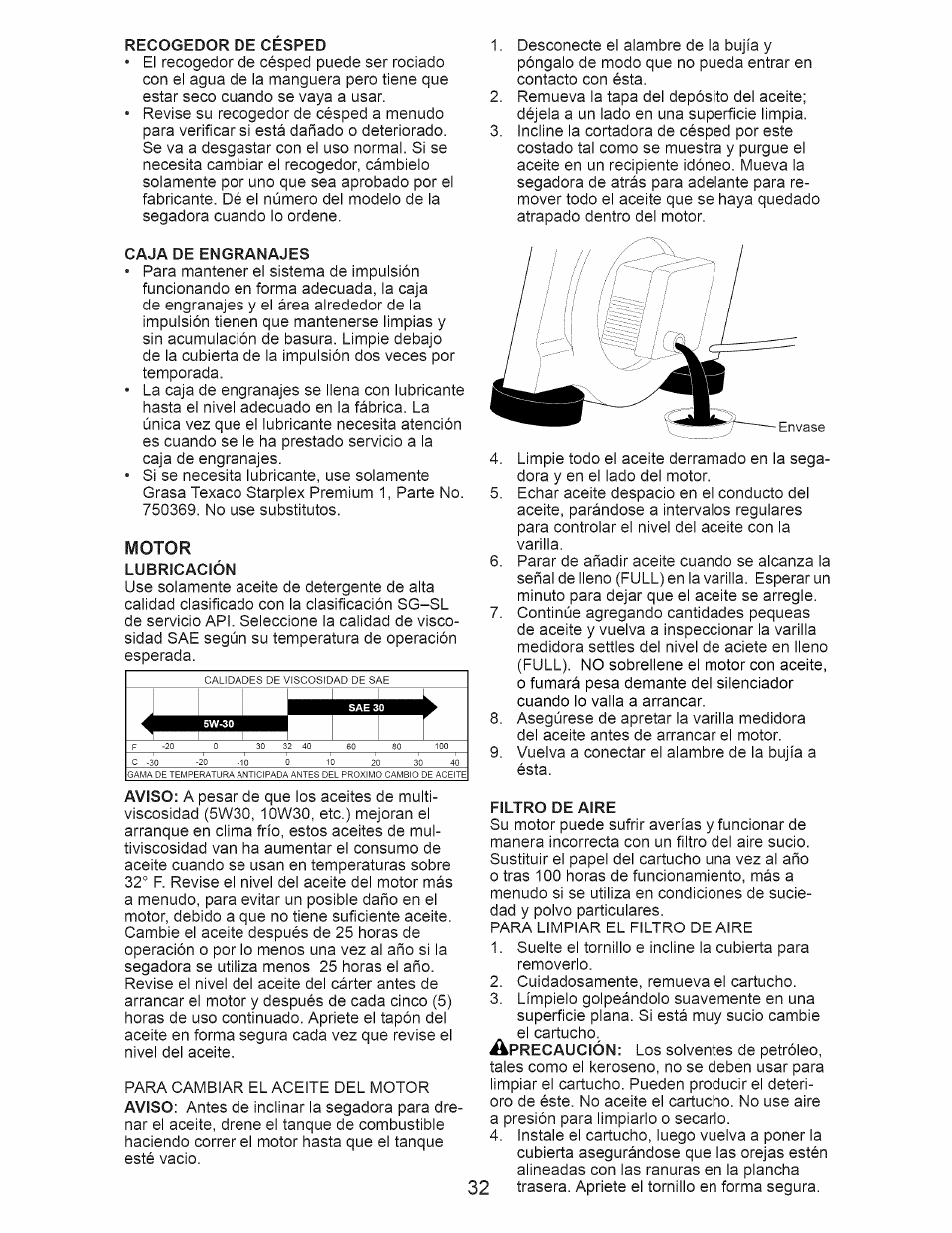 Caja de engranajes, Lubricación, Filtro de aire | Craftsman 917.374160 User Manual | Page 32 / 48