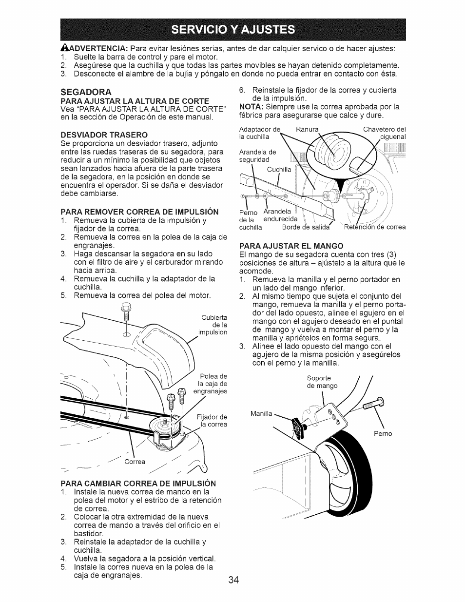 Servicio y ajustes, Para ajustar la altura de corte, Desviador trasero | Para remover correa de impulsión, Para cambiar correa de impulsion, Para ajustar el mango, Servicio y adjustes -34 | Craftsman 917.374160 User Manual | Page 34 / 48