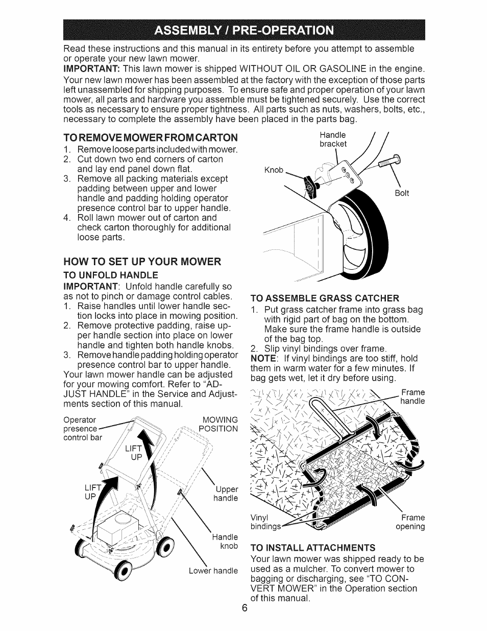 To remove mower from carton, Assembly / pre-operation | Craftsman 917.374160 User Manual | Page 6 / 48