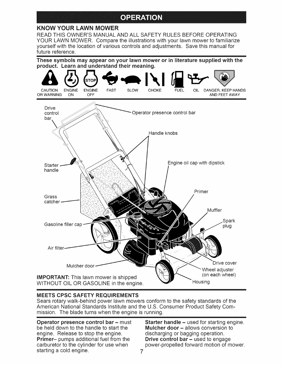 Meets cpsc safety requirements, Operation, Know your lawn mower | Craftsman 917.374160 User Manual | Page 7 / 48