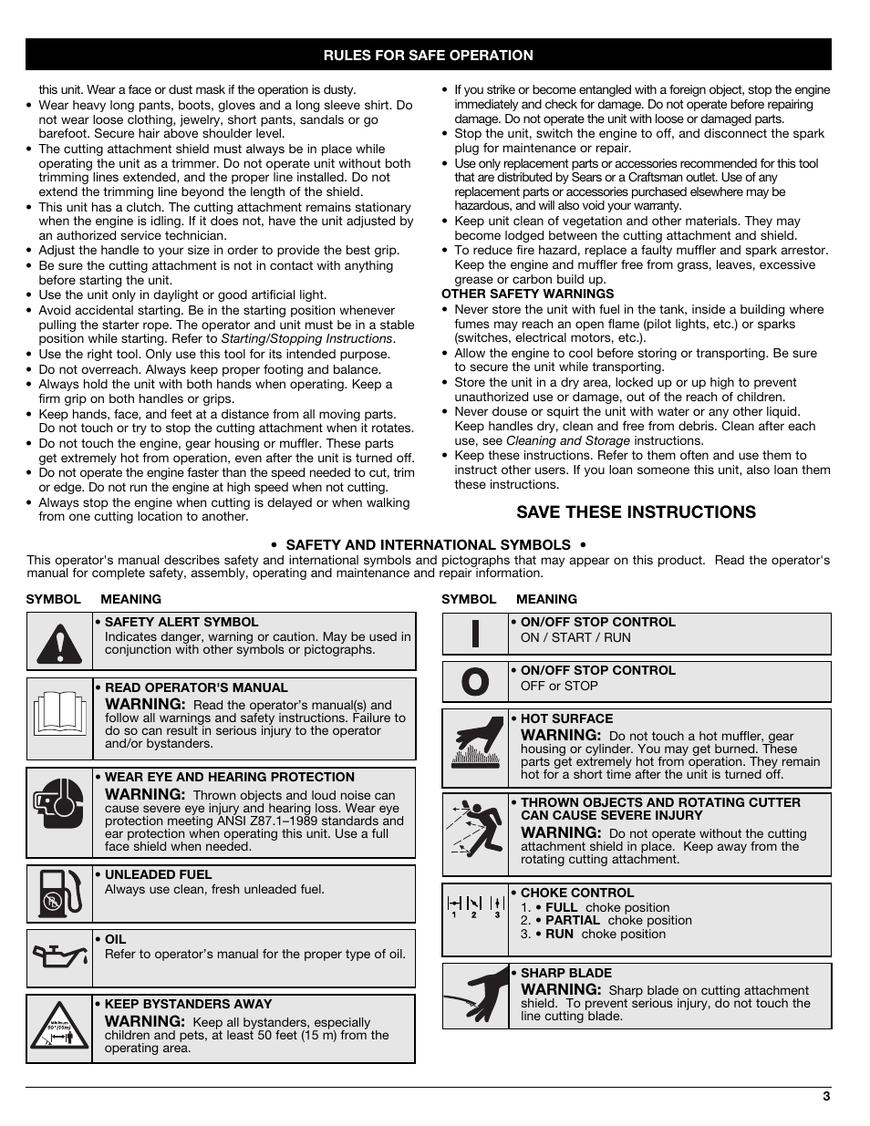 Save these instructions | Craftsman 316.79191 User Manual | Page 3 / 40