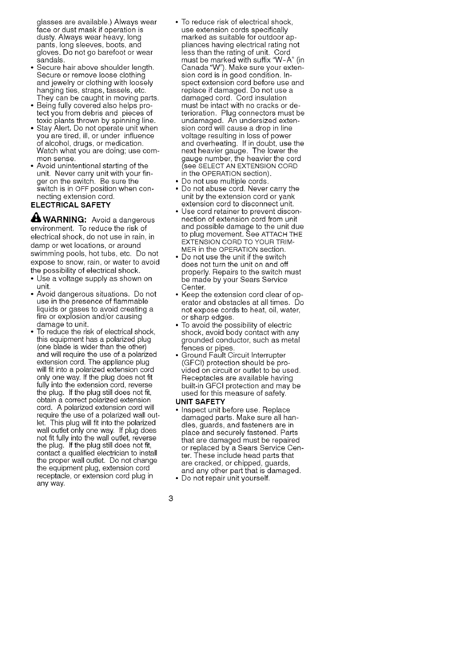 Electrical safety, Unit safety | Craftsman 358.745290 User Manual | Page 3 / 10