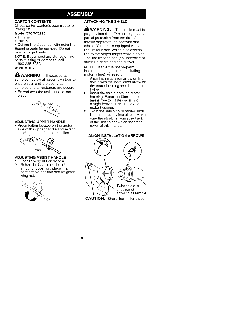 Carton contents, Assembly, Adjusting upper handle | Adjusting assist handle, Attaching the shield | Craftsman 358.745290 User Manual | Page 5 / 10