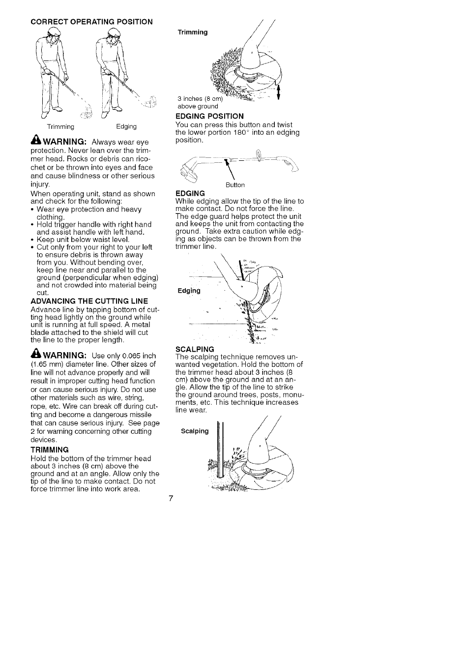 Correct operating position, Advancing the cutting line, Trimming | Edging position, Edging | Craftsman 358.745290 User Manual | Page 7 / 10