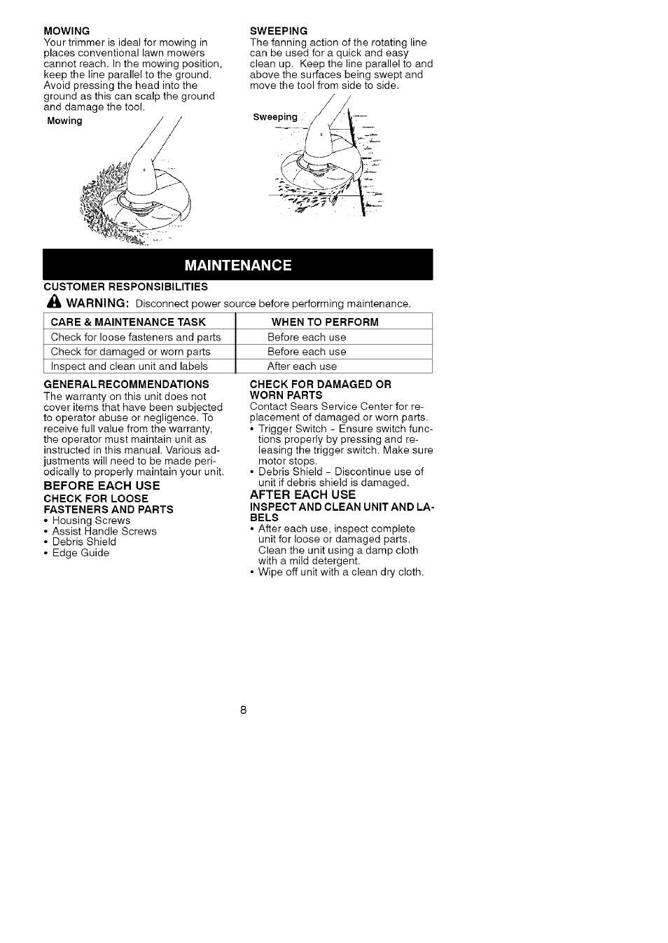 Mowing, Sweeping, Generalrecommendations | Check for damaged or, Worn parts, Inspect and clean unit and labels, Maintenance | Craftsman 358.745290 User Manual | Page 8 / 10