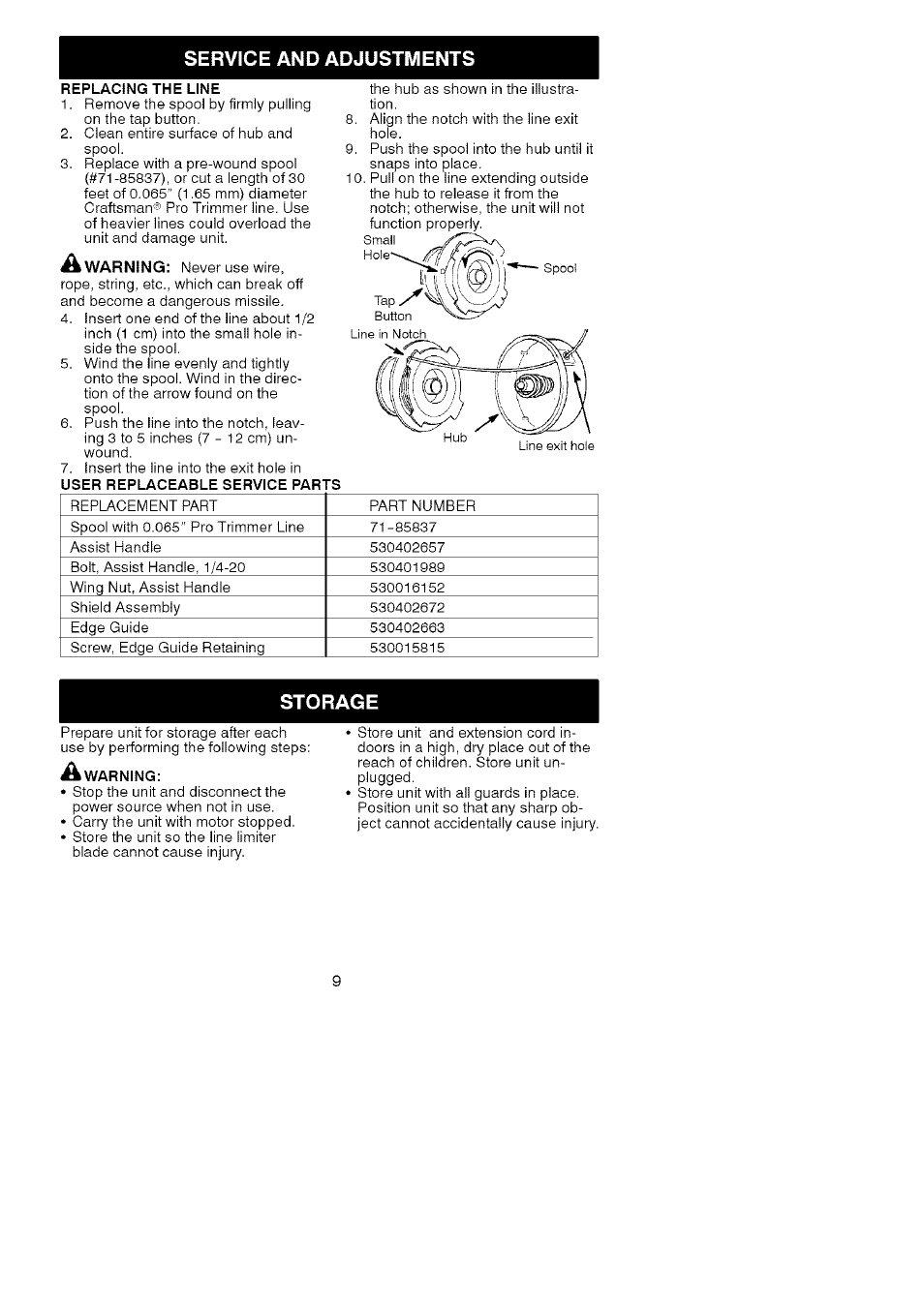 Replacing the line, User replaceable service parts, A warning | Service and adjustments, Storage | Craftsman 358.745290 User Manual | Page 9 / 10