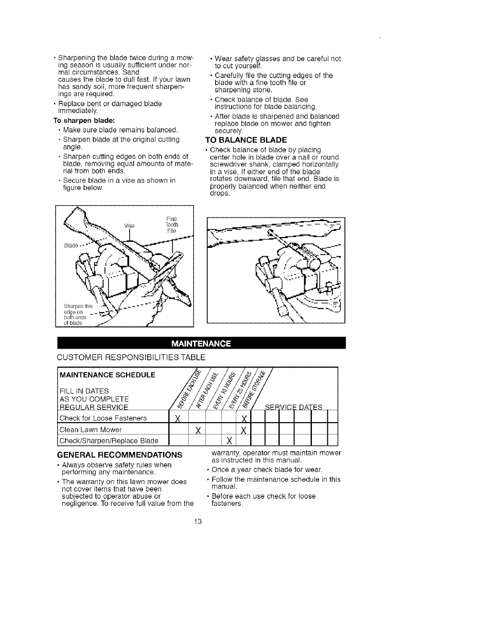 To balance blade, Maintenance, General recommendations | Craftsman 900.370511 User Manual | Page 13 / 33