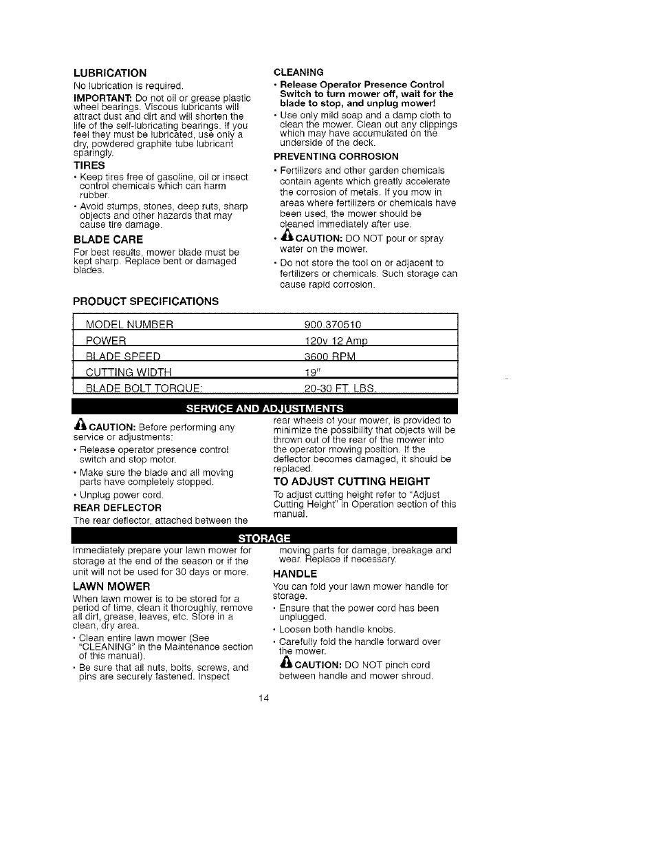 Lubrication, Tires, Blade care | To adjust cutting height, Storage, Lawn mower, Handle | Craftsman 900.370511 User Manual | Page 14 / 33