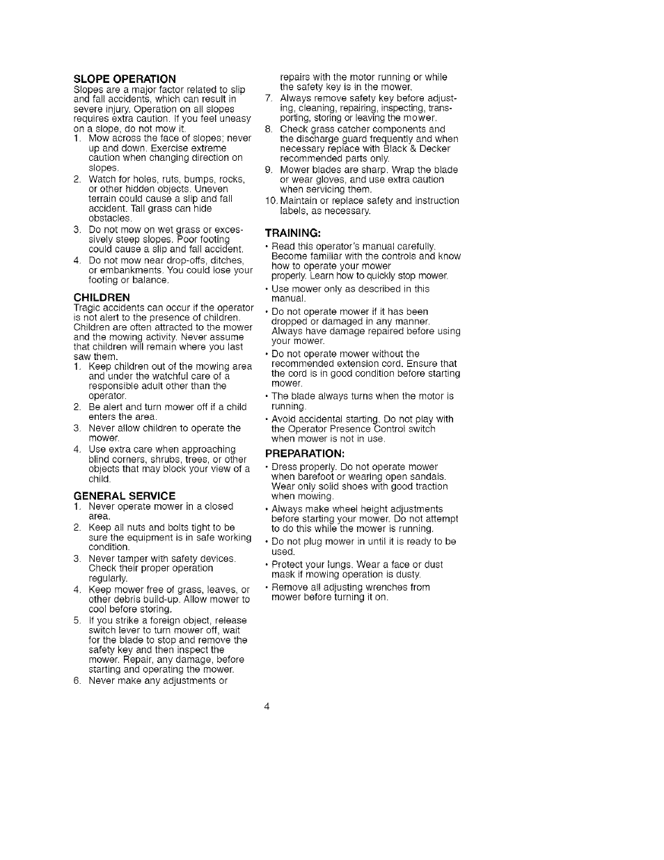 Slope operation, Children, General service | Training, Preparation | Craftsman 900.370511 User Manual | Page 4 / 33