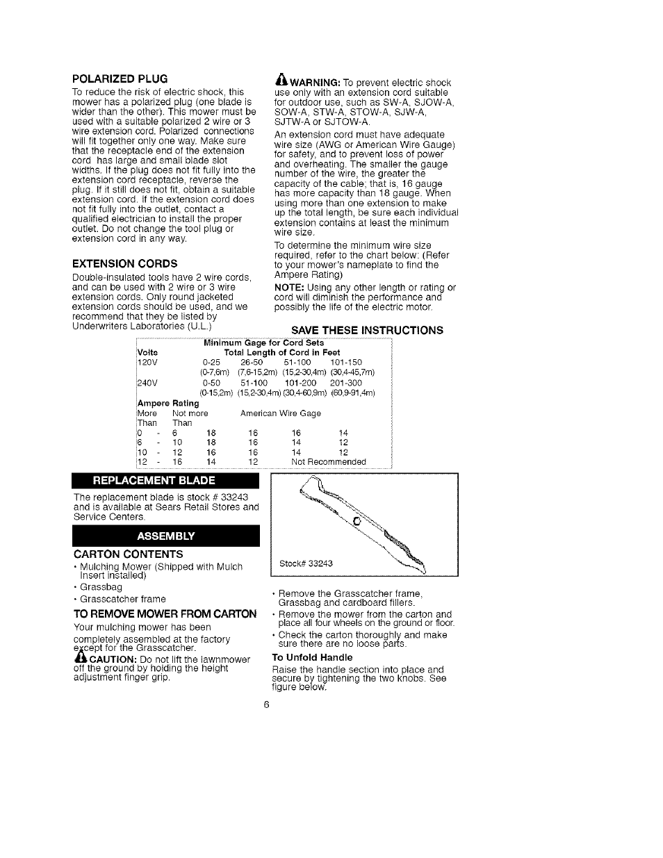 Polarized plug, Extension cords, Replacement blade | Assembly, Carton contents, To remove mower from carton | Craftsman 900.370511 User Manual | Page 6 / 33