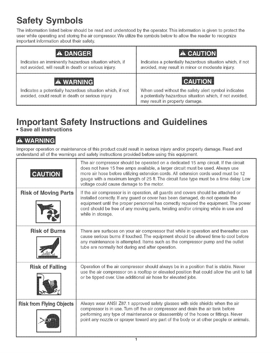 Safety symbols, A danger, A caution | A warning, Caution, Important safety instructions and guidelines, Important safety instructions & guidelines | Craftsman 921.166400 User Manual | Page 3 / 20