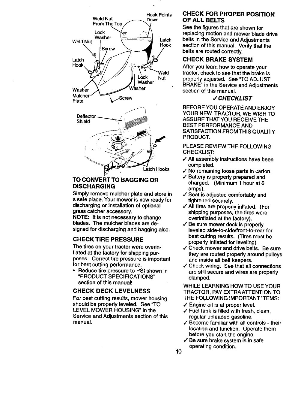 To convert to bagging or discharging, Check tire pressure, Check deck levelness | Check for proper position of all belts, Check brake system | Craftsman 917.270831 User Manual | Page 10 / 56