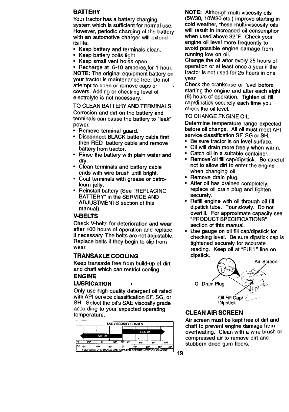 Battery, V-belts, Transaxle cooling | Clean air screen, I i i wti | Craftsman 917.270831 User Manual | Page 19 / 56