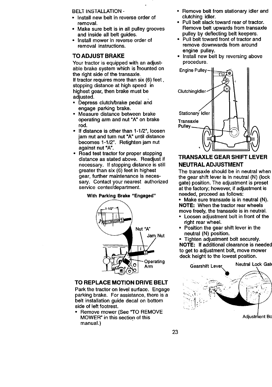 To adjust brake, To replace motion drive belt, Transaxle gear shift lever neutral adjustment | Craftsman 917.270831 User Manual | Page 23 / 56