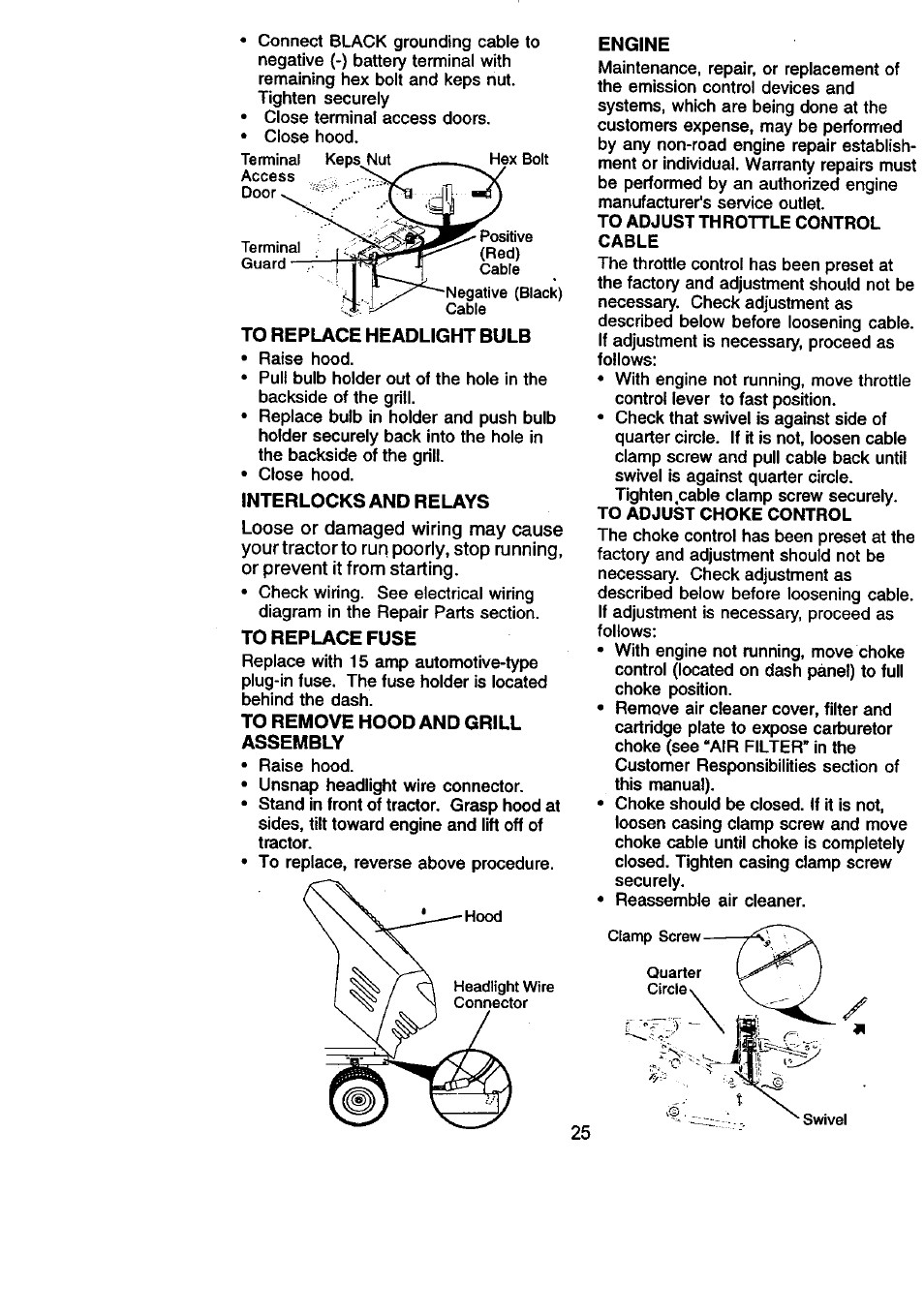 To replace headlight bulb, Interlocks and relays, To replace fuse | To remove hood and grill assembly, Engine | Craftsman 917.270831 User Manual | Page 25 / 56